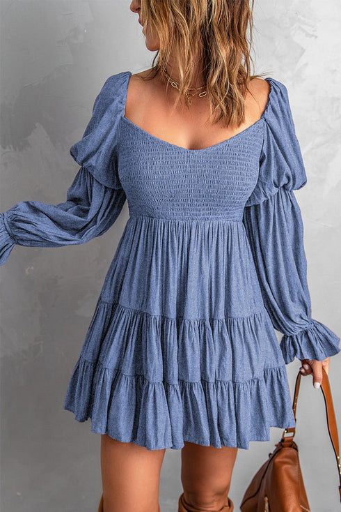 Boho Solid Shirred Ruffle Mini Dress